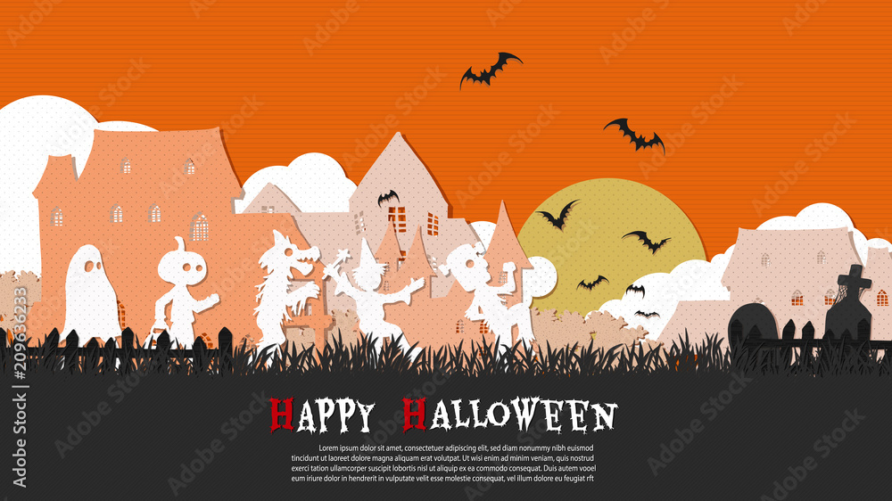 A group of kids are running happily on Halloween night.Halloween background from vector