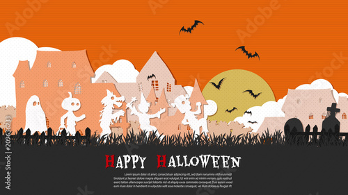 A group of kids are running happily on Halloween night.Halloween background from vector
