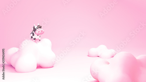 Cartoon cow and pink clouds. 3d rendering picture.