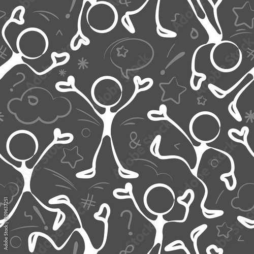Stick figures pattern with moving human pictogram on gray.