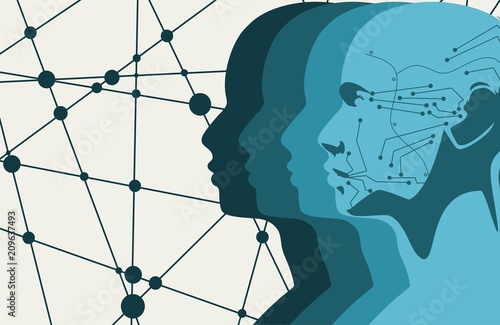 Humanoid robot head. Robotics industry relative image. Scientific design. Teamwork and communication concept. Connected lines with dots.