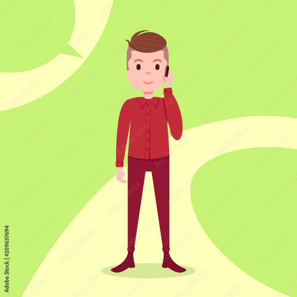 teen boy character serious phone call male red suit template for design work and animation on green background full length flat person, vector illustration teen boy character serious phone call male red suit template for design work and animation on green background full length flat person, vector illustration