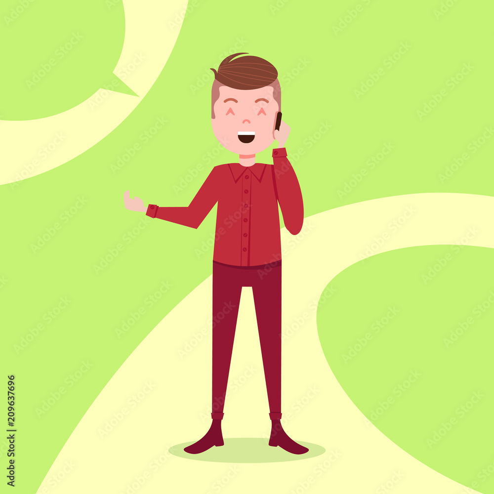 teen boy character happy phone call male red suit template for design work and animation on green background full length flat person, vector illustration teen boy character happy phone call male red suit template for design work and animation on green background full length flat person, vector illustration