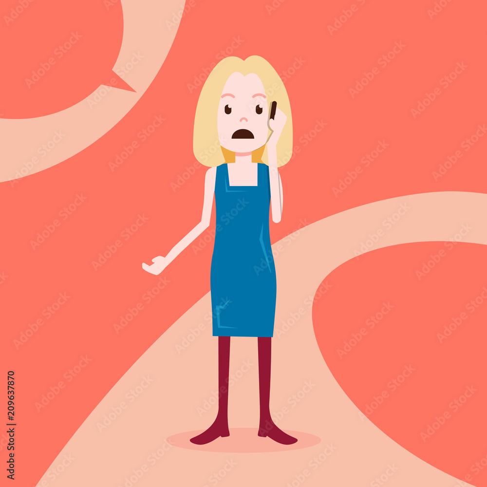 teen girl character sad phone call female template for design work and animation on red background full length flat person vector illustration teen girl character sad phone call female template for design work and animation on red background full length flat person vector illustration