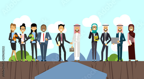 businessman in business suit shaking hands arabic man traditional clothes over chasm between mountains, mix race full length business agreement and partnership concept vector illustration