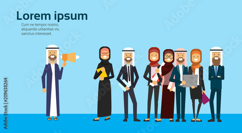 arab businessman talking megaphone with business team, arabic group traditional clothes, career success concept, full length business agreement and partnership, copy space, flat vector illustration