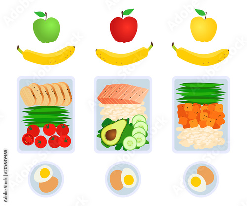 Vector illustration of meal preparation. Portion of food in container, snacks and fruits. Healthy lifestyle food. Meat rice and salad. Meal prep for a week.