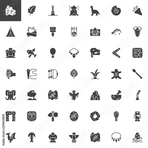Prehistoric elements vector icons set, modern solid symbol collection, filled style pictogram pack. Signs, logo illustration. Set includes icons as Cave painting, Dinosaur skeleton, Mammoth, Fossil