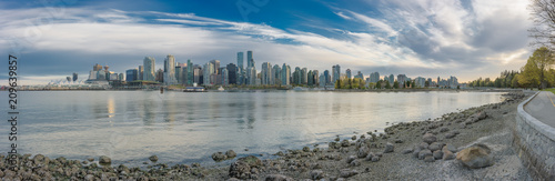 Panorama of Coal Harbour at sunset in downtown Vancouver  British Columbia.