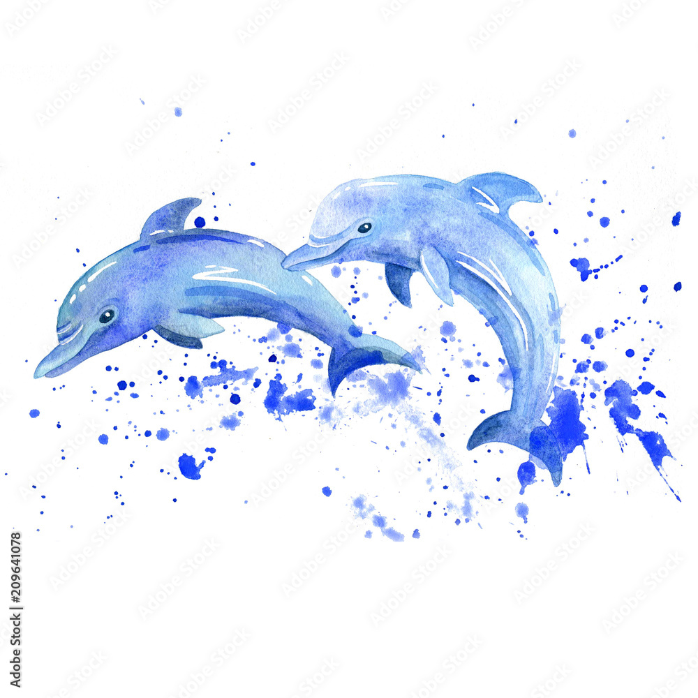 Naklejka premium Akwarela raster delfinów. Zwierzęta podwodny świat rastrowy.