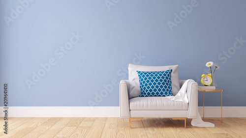 Pastel color and modern room interior design,light gray sofa with blue wall and wood floor ,3d render