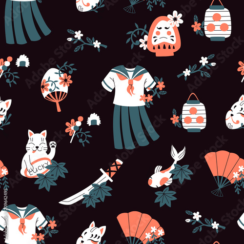 Hand Drawn Vector Seamless Pattern with Flowers and Japan Symbols in Doodle Style.