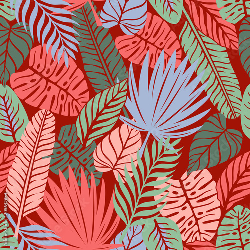 Doodle Hand Drawn Tropical Pattern with Leaves on Dark Background.