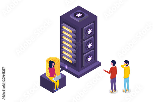 Mining Bitcoin farm  ultraviolet isometric  concept. Vector illustration.