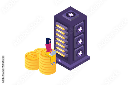 Mining Bitcoin farm  ultraviolet isometric  concept. Vector illustration.