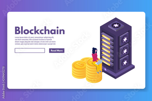Mining Bitcoin farm  ultraviolet isometric  concept. Vector illustration.
