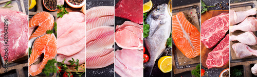 food collage of various fresh meat, chicken and fish