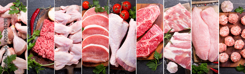 food collage of various fresh meat and chicken