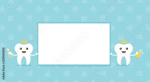 Couple of cute cartoon teeth characters holding blank, empty card. World Oral Health Day vector illustration, banner, header.