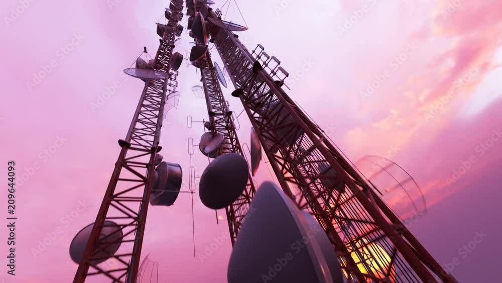 Antenna complex during sundown. Radio communication broadcasting transmitter.