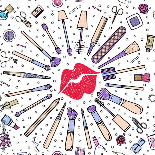 Makeup seamless pattern composition - lips. Illustrations of different cosmetics. Lipstick and pomade, brushes for make up glamour. Vector background