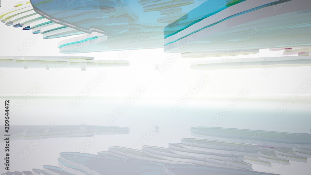 Fototapeta premium Abstract white and colored gradient glasses interior multilevel public space with window. 3D illustration and rendering.