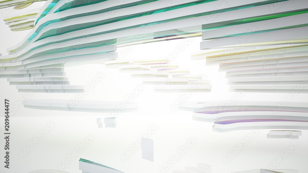 Fototapeta premium Abstract white and colored gradient glasses interior multilevel public space with window. 3D illustration and rendering.