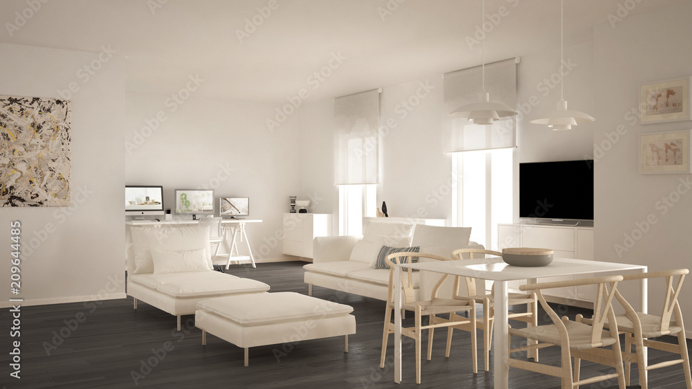 Scandinavian contemporary living room open space with dining table, sofa and chaise longue, office, home workplace with computers, minimal modern white and gray interior design Scandinavian contemporary living room open space with dining table, sofa and chaise longue, office, home workplace with computers, minimal modern white and gray interior design