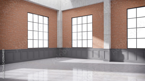 Modern loft interior design ,empty room,brick wall with black windows and concrete floor,3d render