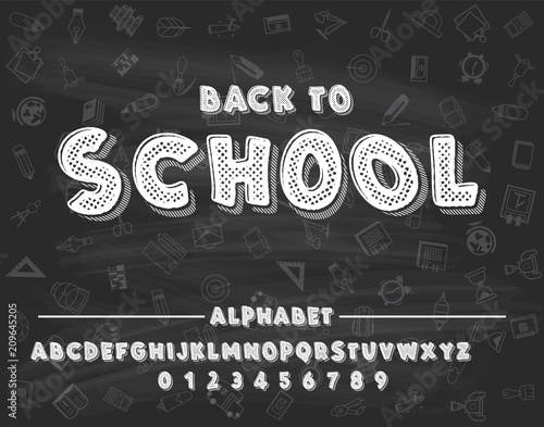 Latin alphabet chalk - badge back to school. Trend font 2018 Color in cute cartoon flat style.