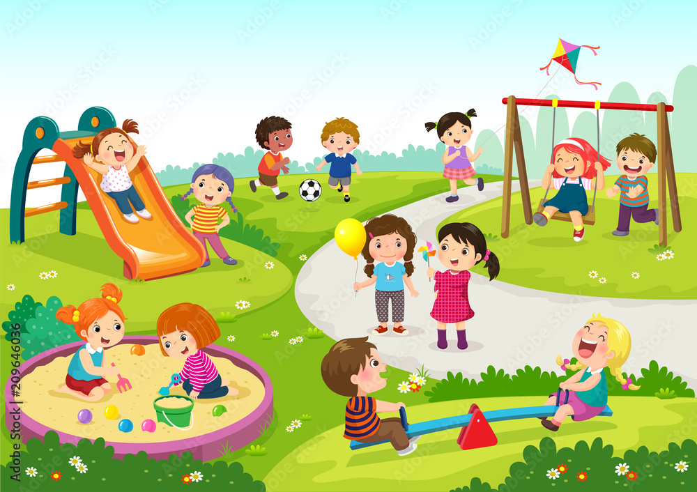 Happy children playing in playground - obrazy, fototapety, plakaty 