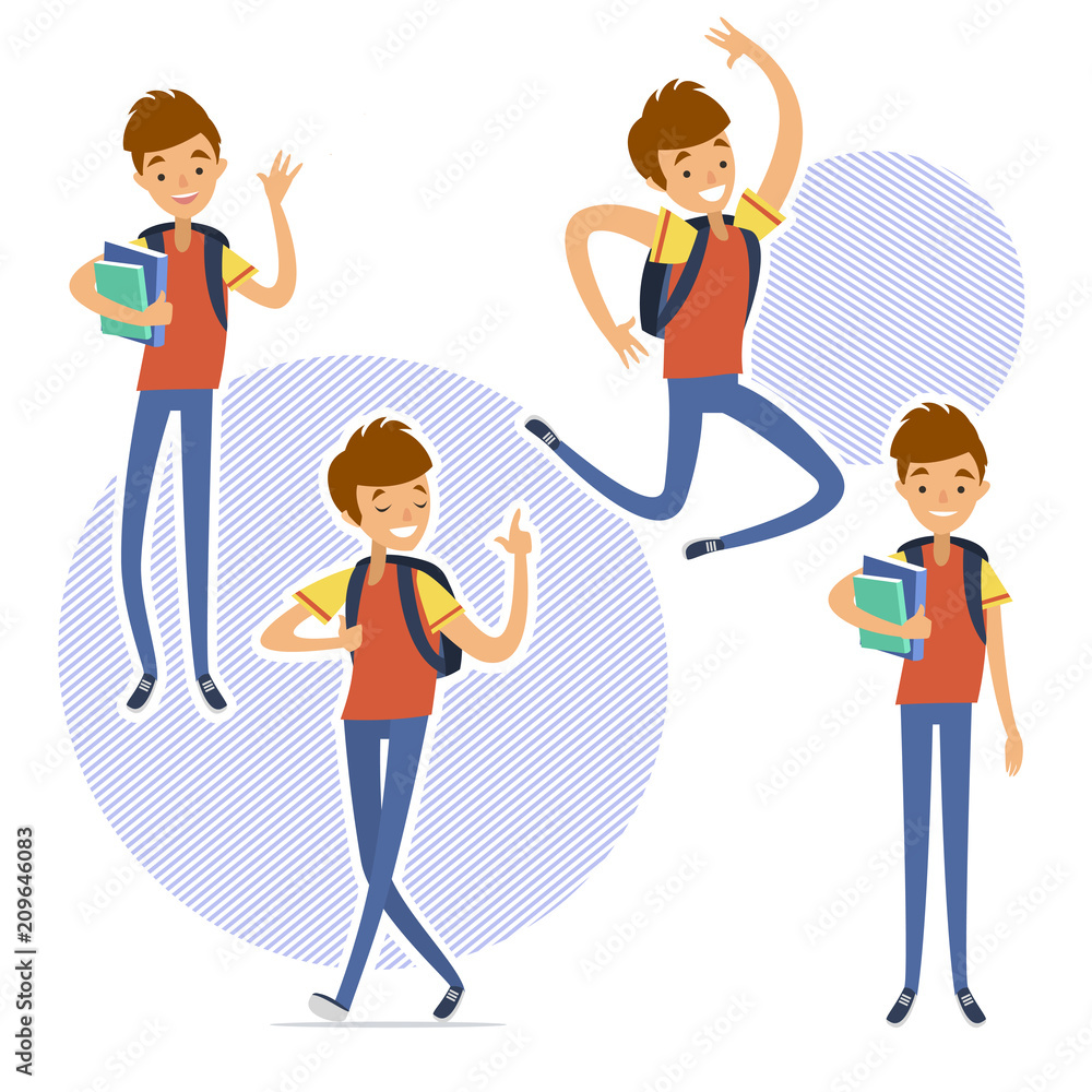 Set of young happy male student, showing positive emotions, jumping with joy, front view isolated against white background, school boy vector set in flat, cartoon guy character Set of young happy male student, showing positive emotions, jumping with joy, front view isolated against white background, school boy vector set in flat, cartoon guy character