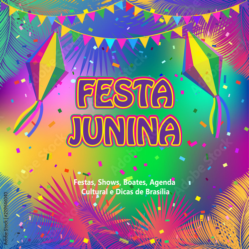 Brazil, Portugal, celebrate Summer Festival Festa Junina of Sao Joao, carnival, music, dance, poster, fireworks, palm leafs, lantern, confetti, garland flags decoration
