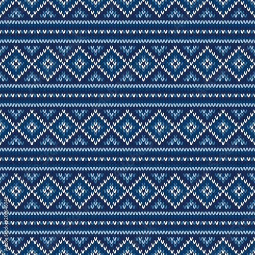 Fair Isle Style Sweater Knitted Pattern. Vector Seamless Knit Texture with Shades of Blue Colors. Christmas and New Year Background