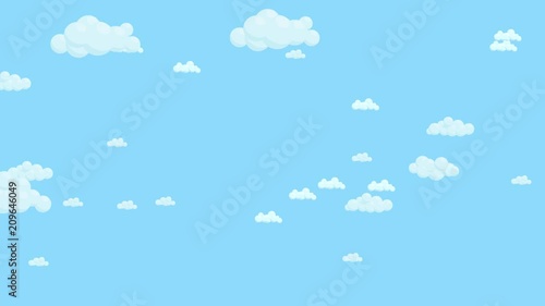 Blue sky full of clouds moving right to left. Cartoon sky animated background. Flat animation.