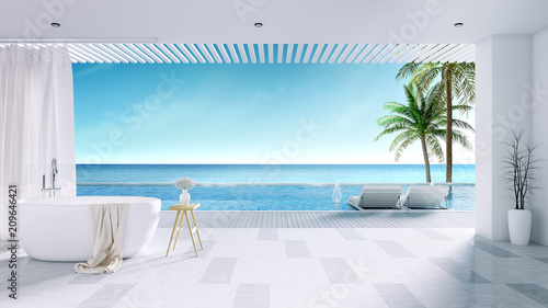 Relaxing summer  White Bathtub with sun loungers on Sunbathing deck and private swimming pool with near beach and panoramic sea view at luxury house  3d rendering