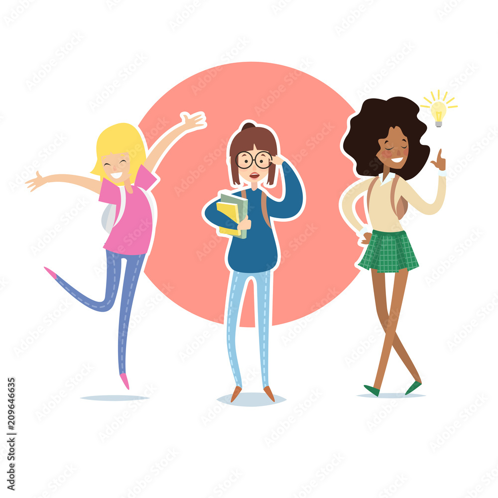 Set of diverse college or university girls with books. Different nationalities and dress styles. Cute and simple flat cartoon style. Ready study concept. Set of diverse college or university girls with books. Different nationalities and dress styles. Cute and simple flat cartoon style. Ready study concept.