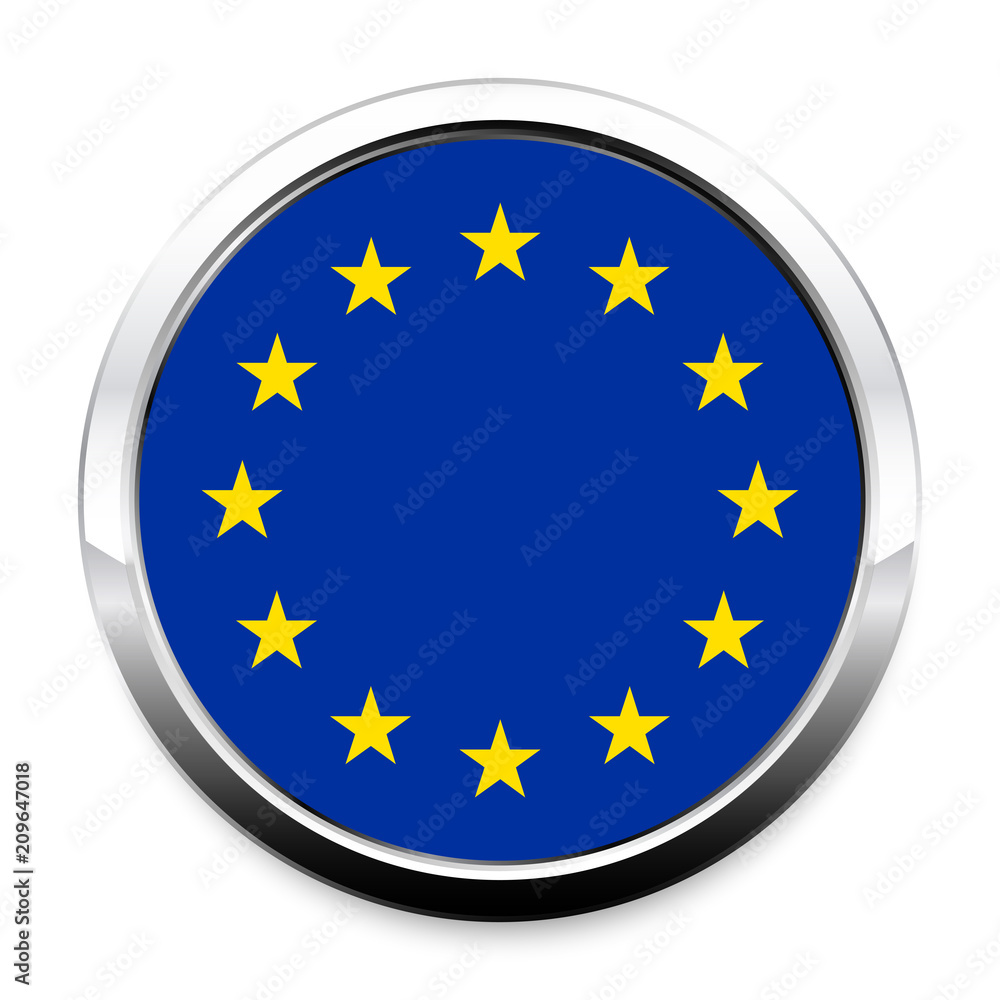 Button Flag of European Union in a round metal chrome frame with a shadow. The symbol of Independence Day, a souvenir, a button for switching the language on the site, an icon. Button Flag of European Union in a round metal chrome frame with a shadow. The symbol of Independence Day, a souvenir, a button for switching the language on the site, an icon.