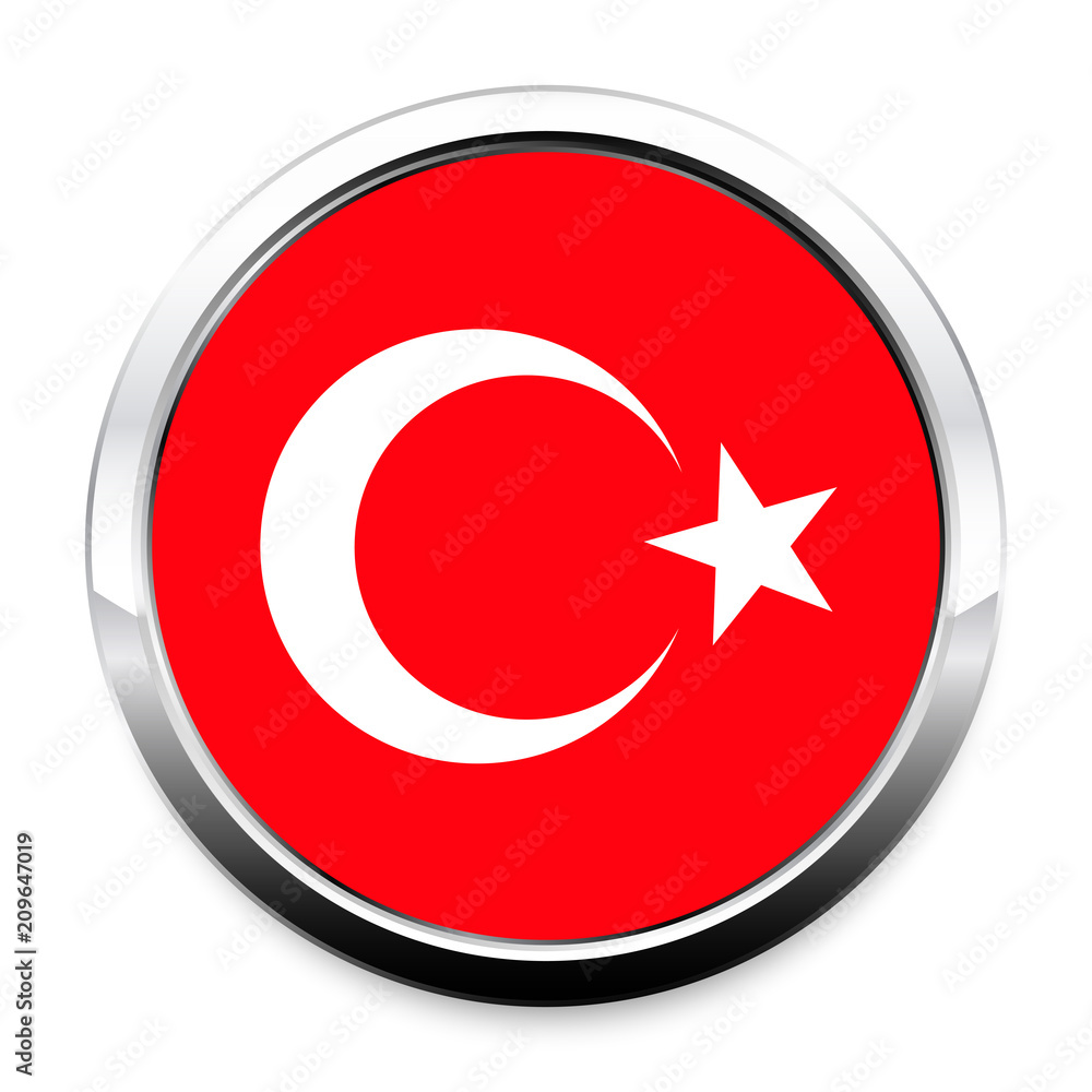 Button Flag of Turkey in a round metal chrome frame with a shadow. The symbol of Independence Day, a souvenir, a button for switching the language on the site, an icon. Button Flag of Turkey in a round metal chrome frame with a shadow. The symbol of Independence Day, a souvenir, a button for switching the language on the site, an icon.