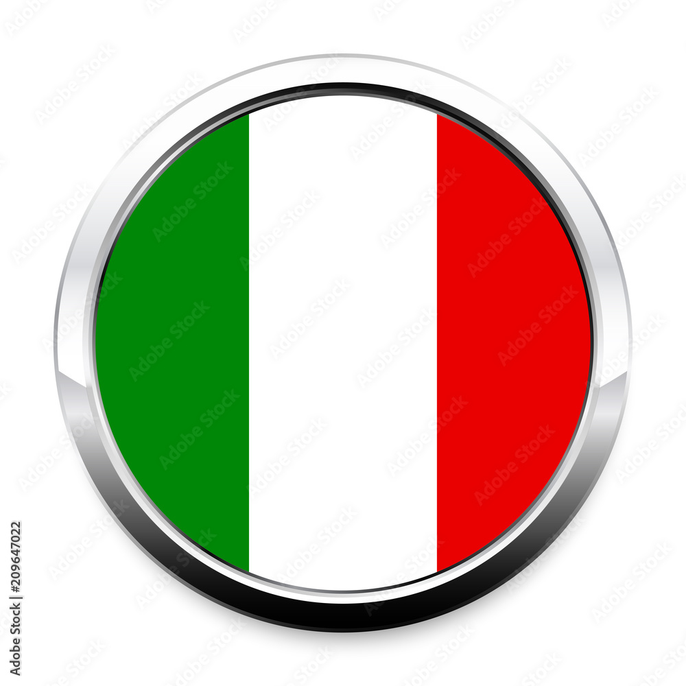 Button Flag of Italy in a round metal chrome frame with a shadow. The symbol of Independence Day, a souvenir, a button for switching the language on the site, an icon. Button Flag of Italy in a round metal chrome frame with a shadow. The symbol of Independence Day, a souvenir, a button for switching the language on the site, an icon.