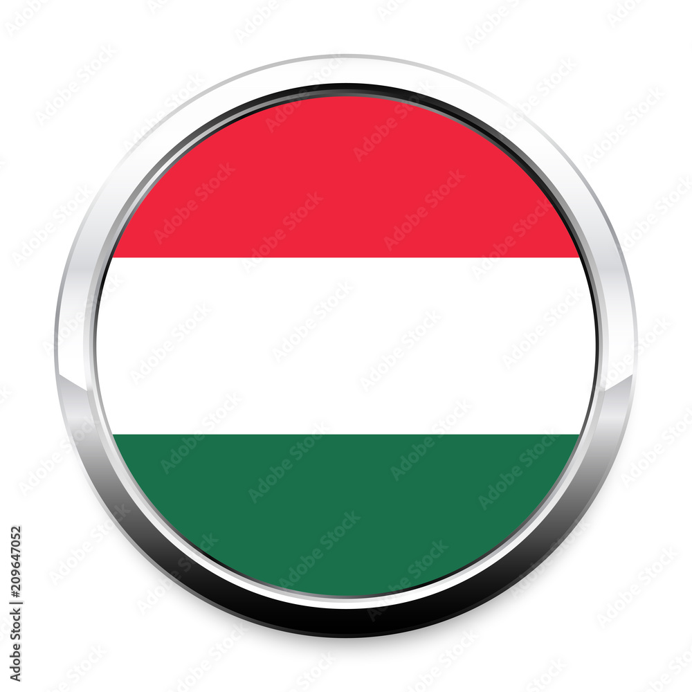 Button Flag of Hungary in a round metal chrome frame with a shadow. The symbol of Independence Day, a souvenir, a button for switching the language on the site, an icon.