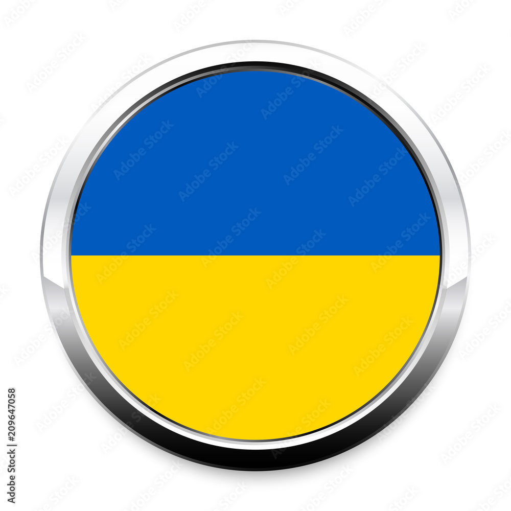 Button Flag of Ukraine in a round metal chrome frame with a shadow. The symbol of Independence Day, a souvenir, a button for switching the language on the site, an icon. Button Flag of Ukraine in a round metal chrome frame with a shadow. The symbol of Independence Day, a souvenir, a button for switching the language on the site, an icon.
