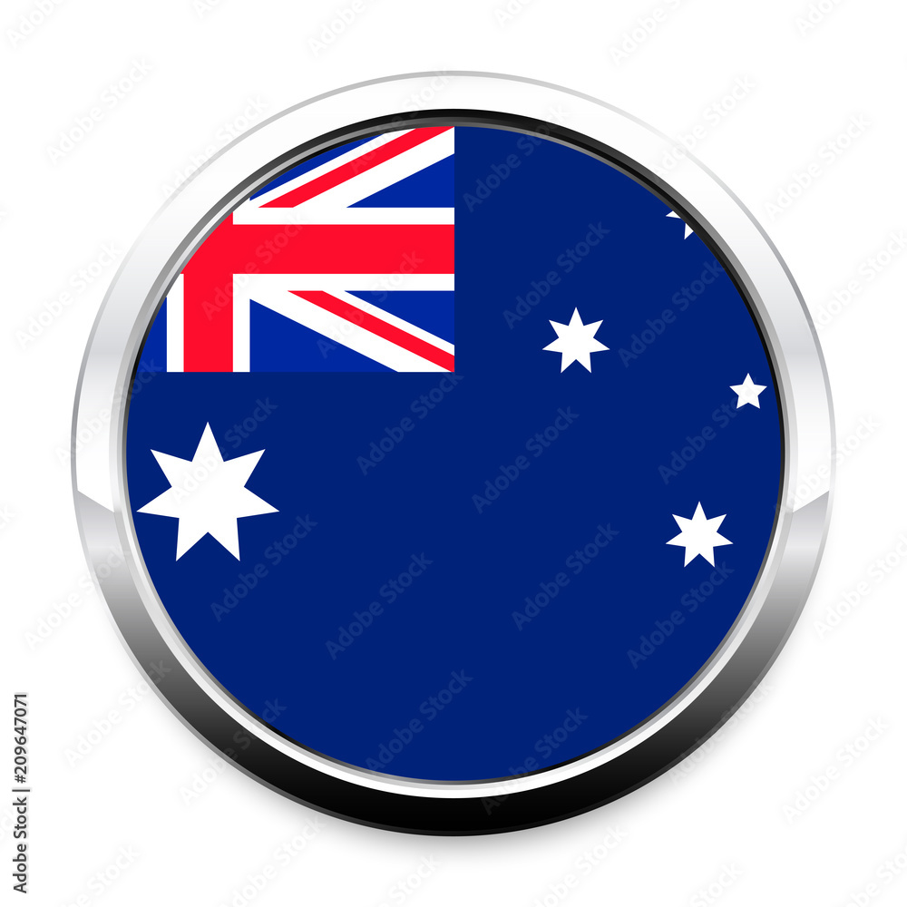 Button Flag of Australia in a round metal chrome frame with a shadow. The symbol of Independence Day, a souvenir, a button for switching the language on the site, an icon. Button Flag of Australia in a round metal chrome frame with a shadow. The symbol of Independence Day, a souvenir, a button for switching the language on the site, an icon.