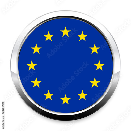 Button Flag of European Union in a round metal chrome frame with a shadow. The symbol of Independence Day, a souvenir, a button for switching the language on the site, an icon.
