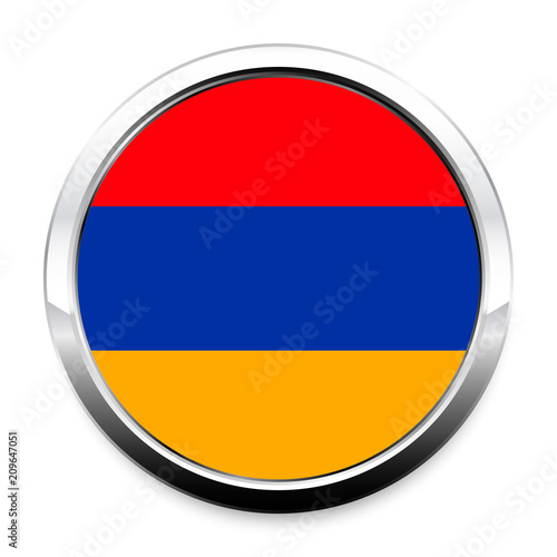 Button Flag of Armenia in a round metal chrome frame with a shadow. The symbol of Independence Day, a souvenir, a button for switching the language on the site, an icon.