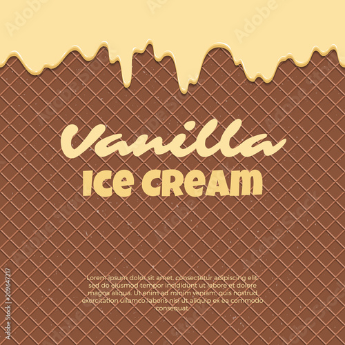 Seamless pattern waffle texture melts frosting ice cream dripping. Glossy streaks chocolate vanilla cream crispy cone. Cartoon picture for web, advertising, banner, business card. Vector illustration.