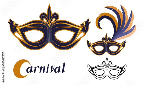 Set of various carnival masks. Carnival concept illustration. Black mask with a golden pattern and feathers. Vector graphics to design.
