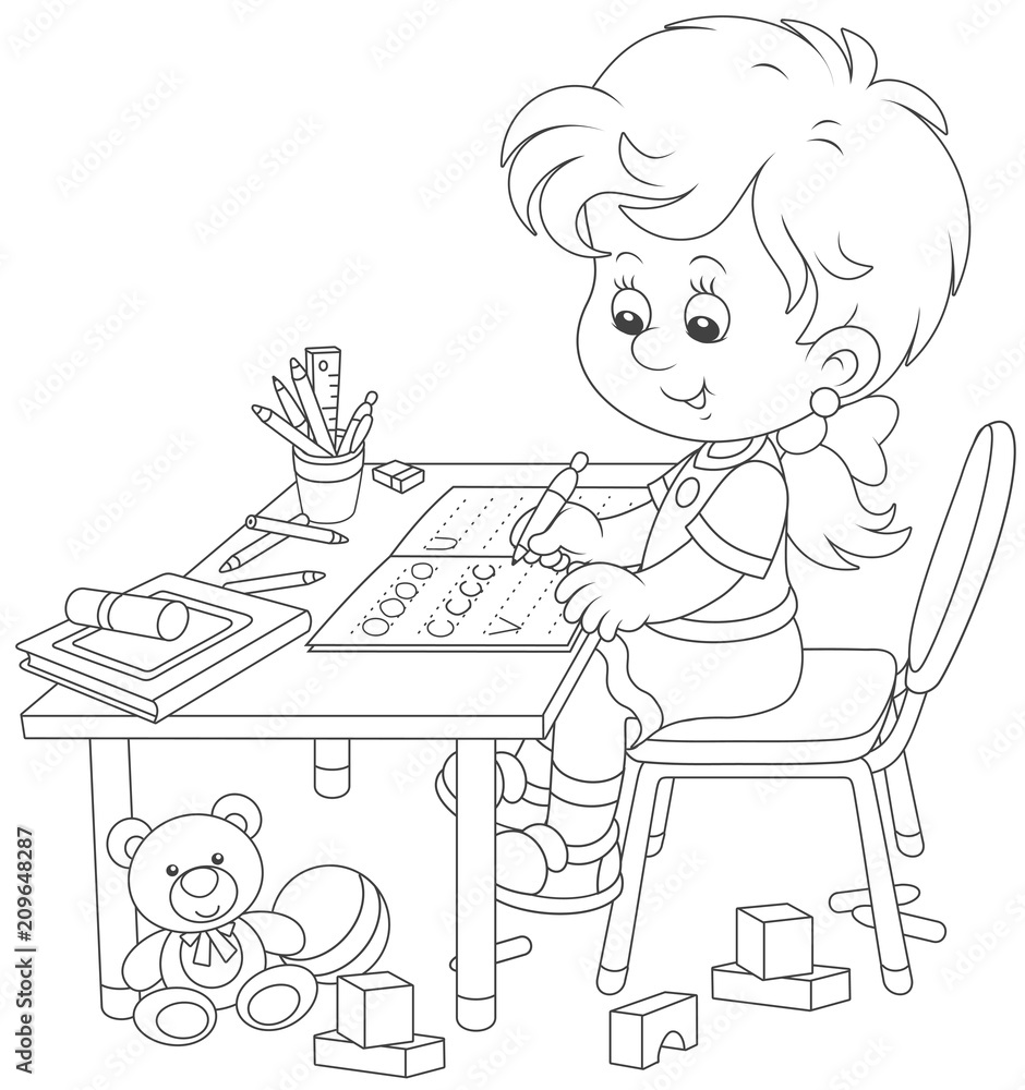 Little girl doing her homework in an exercise book with samples of writing,  black and white vector illustration in a cartoon style for a coloring book  Stock Vector | Adobe Stock