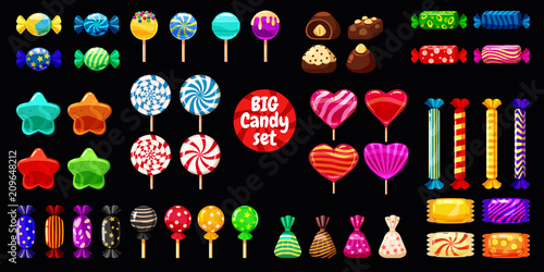 Supe set of different sweets on black background hard candies dragee jelly beans peppermint candy. Vector illustration,