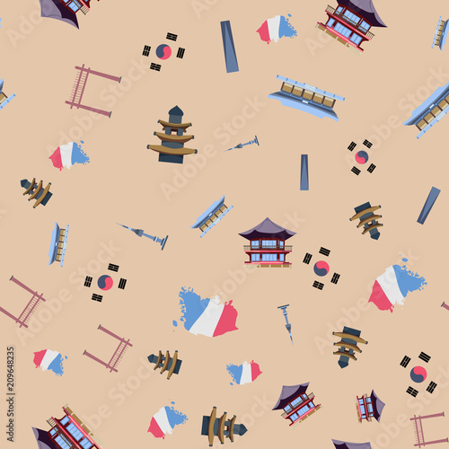 Seamless pattern with korean atchitecture in flat style.